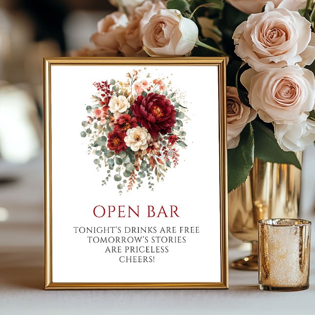 Vacker höst Marsala Blommig Öppen Bar Bordskylt Poster (Lovely Fall Marsala Floral Open Bar Tabletop Sign

)