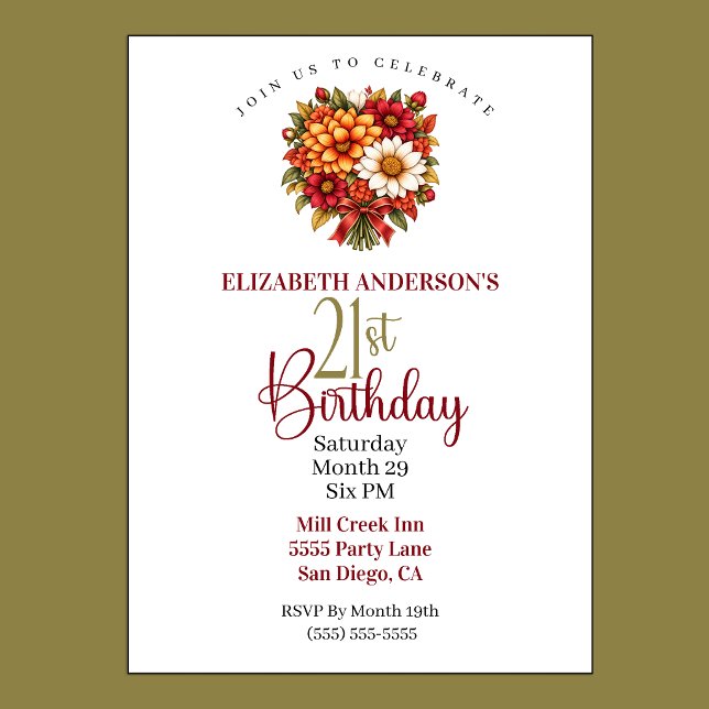 Vacker höstblommabukett 21-årsdag inbjudningar (Pretty Autumn Flower Bouquet 21st Birthday Invitation For Women.)
