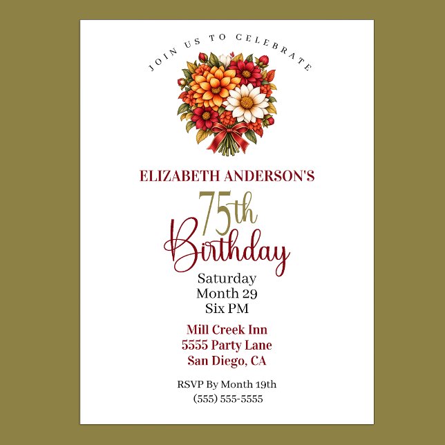 Vacker höstblommabukett 75-årsdag inbjudningar (Autumn Flower Bouquet 75th Birthday Invitation For Women.)