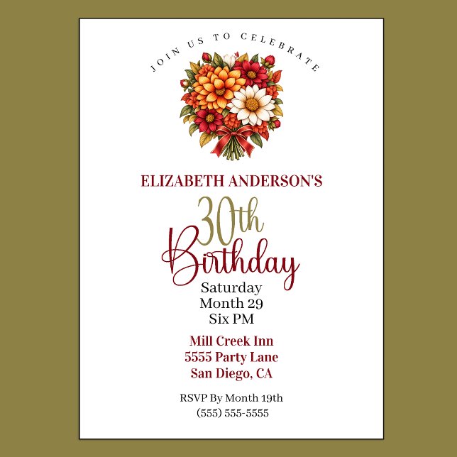 Vacker höstblomsterbukett 30-årsdag inbjudningar (Pretty Fall Flower Bouquet 30th Birthday Invitation For Women.)