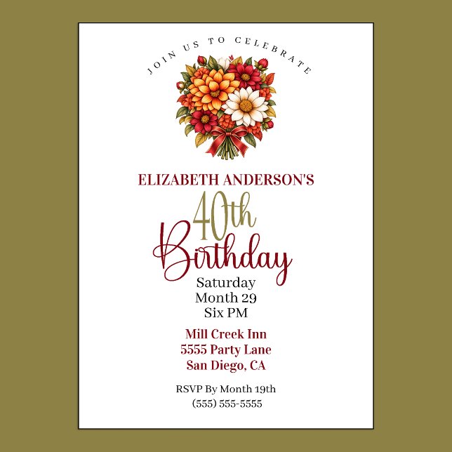 Vacker höstblomsterbukett 40-årsdag inbjudningar (Pretty Autumn Flower Bouquet 40th Birthday Invitation For Women.)