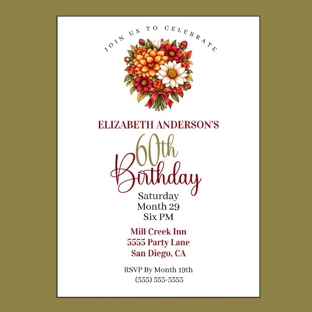 Vacker höstblomsterbukett 60-årsdag inbjudningar (Pretty Autumn Flower Bouquet 60th Birthday Invitation.)