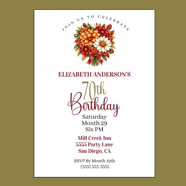 Vacker höstblomsterbukett 70-årsdag inbjudningar (Pretty Autumn Flower Bouquet 70th Birthday Invitation For Women.)