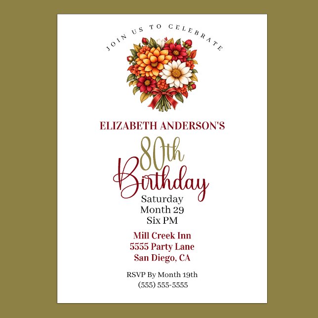 Vacker höstblomsterbukett 80-årsdag inbjudningar (Pretty Autumn Flower Bouquet 80th Birthday Invitation For Women.)