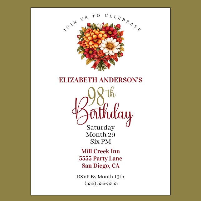 Vacker höstblomsterbukett 98-årsdag inbjudningar (Pretty Autumn Flower Bouquet 98th Birthday Invitation For Women.)