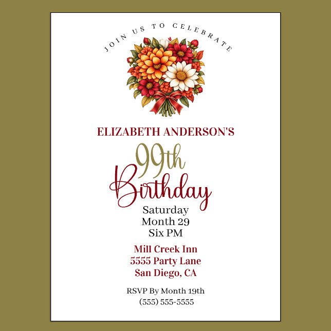 Vacker höstblomsterbukett 99-årsdag inbjudningar (Pretty Autumn Flower Bouquet 99th Birthday Invitation For Women.)