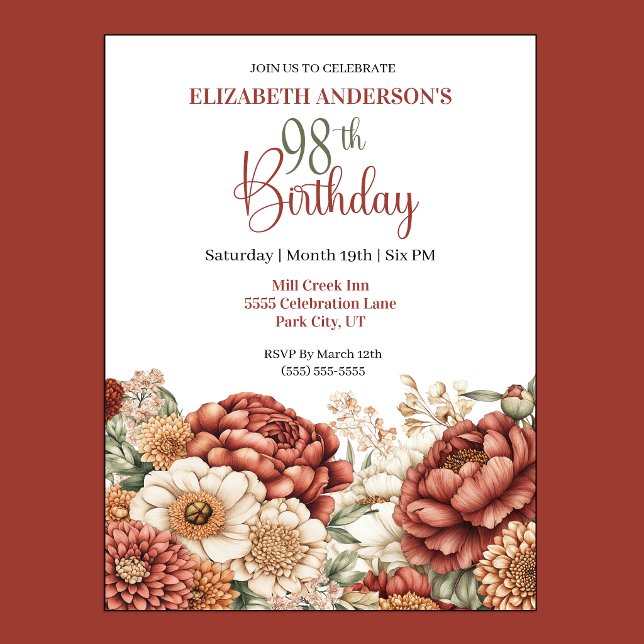 Vacker höstpegel på 98-årsdagen inbjudningar (Pretty Fall Peony 98th Birthday invitation For Women.)