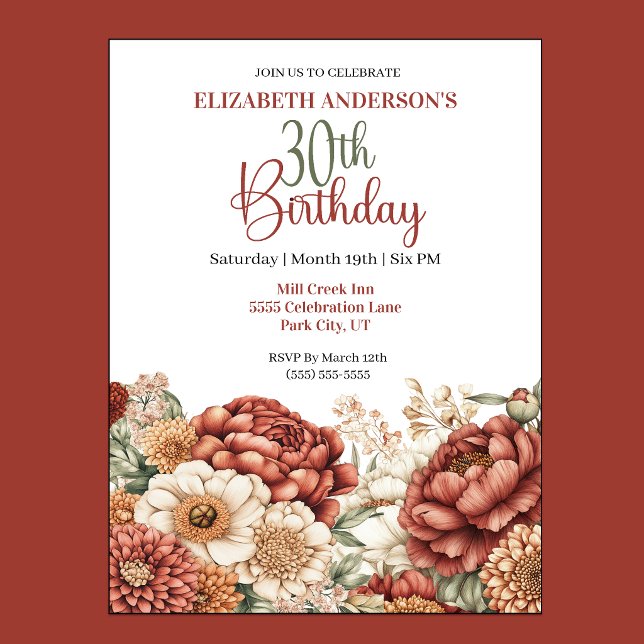 Vacker höstpeona 30-årsdag inbjudningar (Pretty Fall Peony 30th Birthday Invitation For Women.)