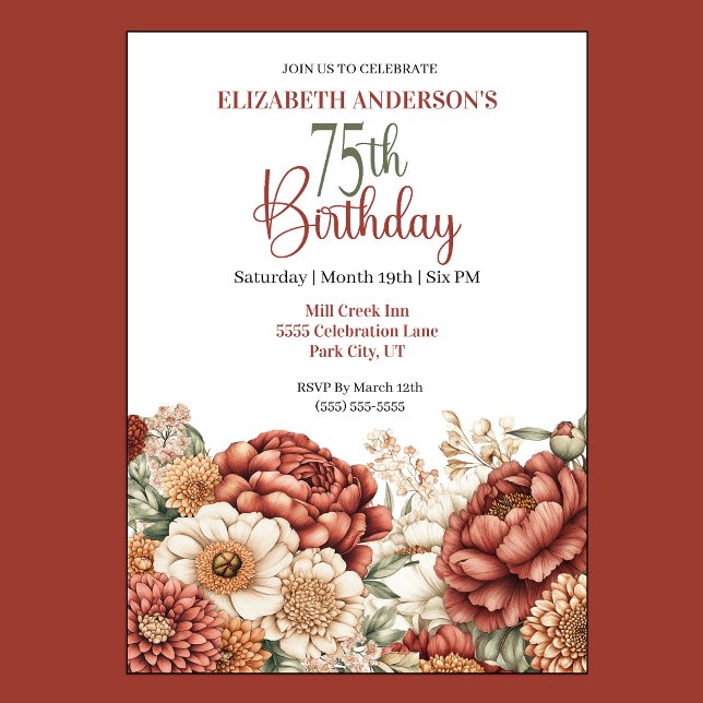 Vacker höstpeona 75-årsdag inbjudningar (Pretty Fall Peony Floral 75th Birthday Invitation For Women.)