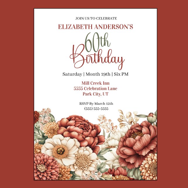 Vacker höstpeony 60-årsdag inbjudningar (Pretty Fall Peony Floral 60th Birthday Invitation For Women.)