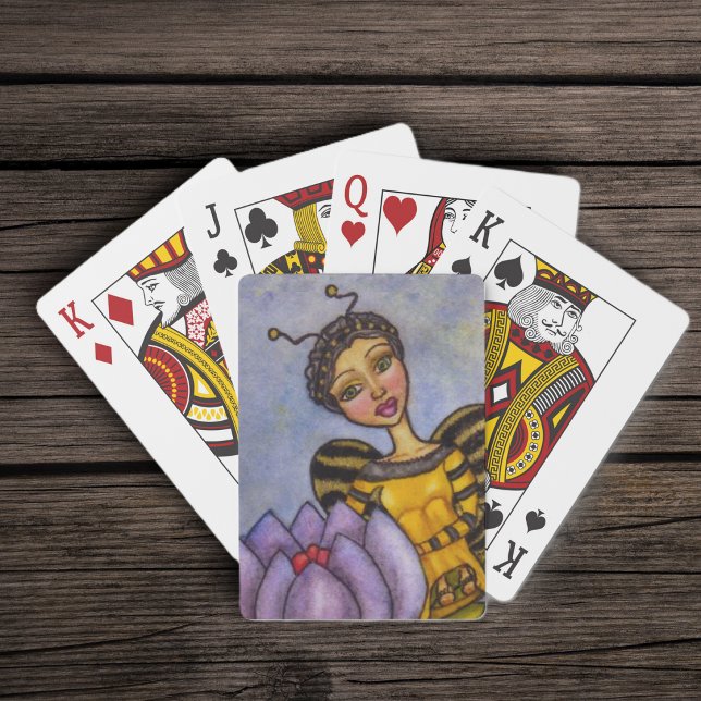 Vacker Humlebi Trollkvinna Lila Blomma Spel Kort (Pretty black yellow bumble bee fairy sitting on purple flowers on mix blues yellow deck playing card)