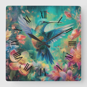 Vacker Hummingbird omgiven av Flowers Fyrkantig Klocka