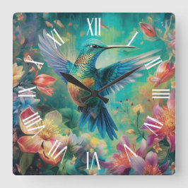 Vacker Hummingbird omgiven av Flowers Fyrkantig Klocka