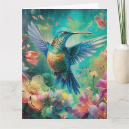 Vacker Hummingbird omgiven av Flowers Kort