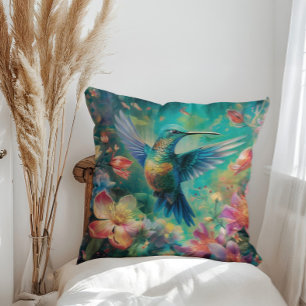 Vacker Hummingbird omgiven av Flowers Kudde
