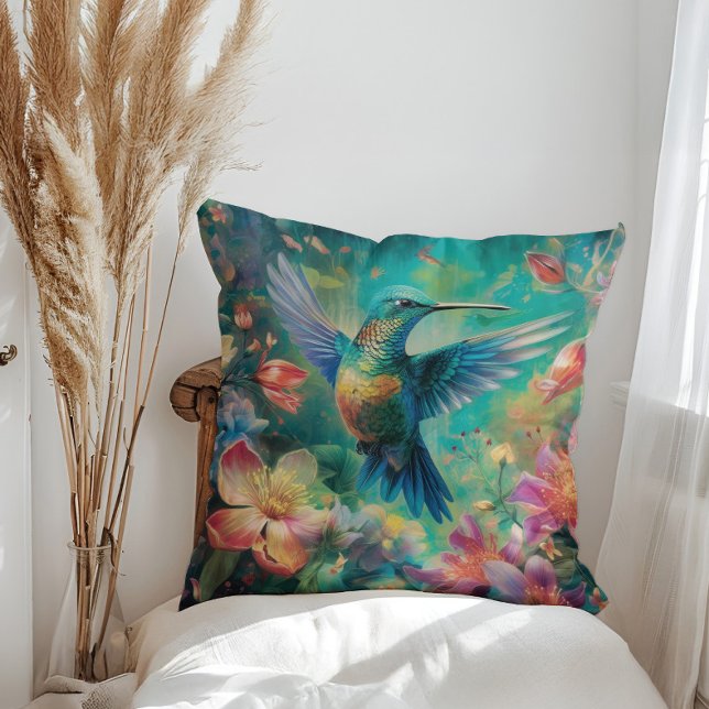 Vacker Hummingbird omgiven av Flowers Kudde (Skapare uppladdad)