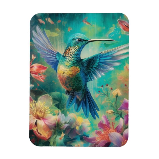 Vacker Hummingbird omgiven av Flowers Magnet (Vertikal)