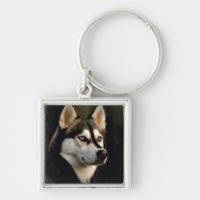 Vacker Husky Kastkudde Fyrkantig Silverfärgad Nyckelring (Framsidan)