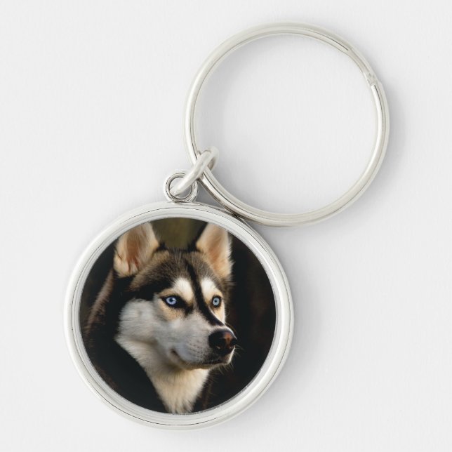 Vacker Husky Kastsydd Kudde Rund Silverfärgad Nyckelring (Framsidan)