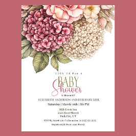 Vacker Hydrangea och Ros Flicka Baby Shower Inbjudningar