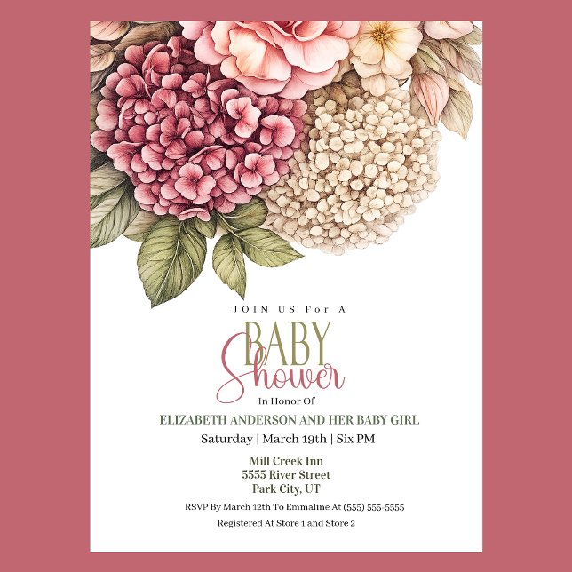 Vacker Hydrangea och Ros Flicka Baby Shower Inbjudningar (Pretty Hydrangea and Rose Baby Shower Invitation)