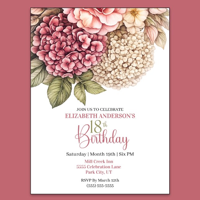 Vacker Hydrangea Ros 18-årsdag Inbjudningar (Pretty Hydrangea and Rose 18th Birthday Invitation For Women.)