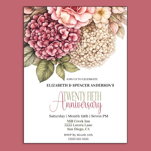 Vacker Hydrangea Ros 25-årsjubileum  Inbjudningar (Pretty Hydrangea and Rose 25th Wedding Anniversary Party Invitation.)
