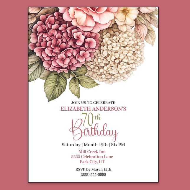 Vacker Hydrangea Ros 70-årsdag Inbjudningar (Pretty Hydrangea and Rose 70th Birthday Invitation For Women.)