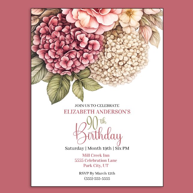 Vacker Hydrangea Ros 90-årsdag Inbjudningar (Pretty Hydrangea and Rose 90th Birthday invitation For Women.)