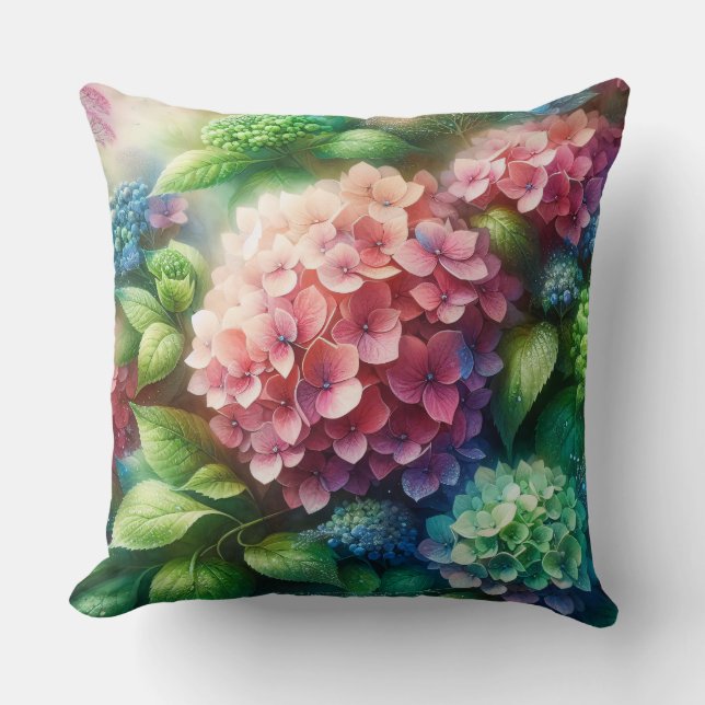 Vacker Hydrangea Rosa och Grön Kudde (Framsida)