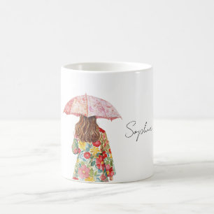 Vacker i röd blomsterrosa paraply kaffemugg