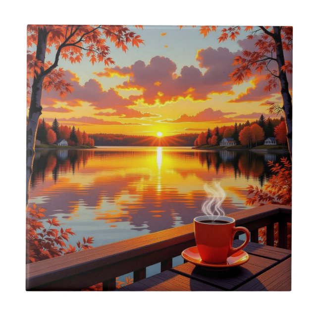Vacker insjövy vid soluppgång och varmt kaffe kakelplatta (Framsidan)