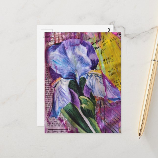 Vacker Iris-blomma mixed media collage Postkort Vykort (Fram/Back In Situ)