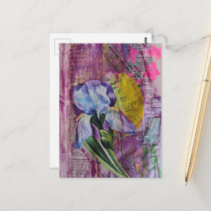 Vacker Iris-blomma rosa stjärnor mixed media colla Vykort