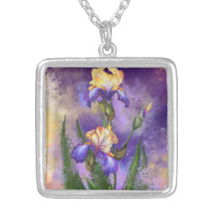Vacker Iris Flower - Miged Painting Art Silverpläterat Halsband