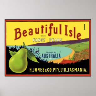 Vacker Isle Australian Pear Låda-etikett Poster