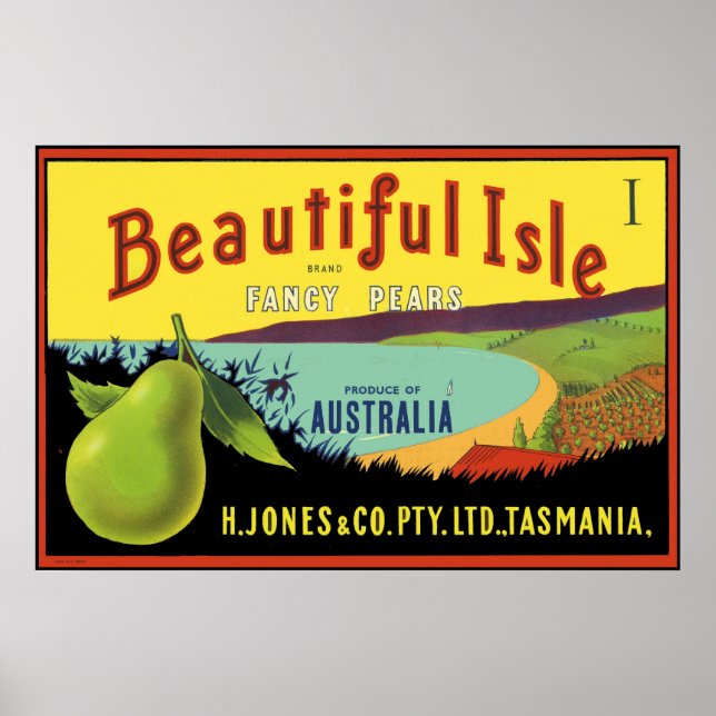 Vacker Isle Australian Pear Låda-etikett Poster (Framsidan)