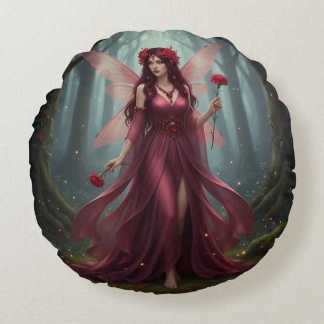Vacker januari Garnet Fairy Rund Kudde (Framsidan)