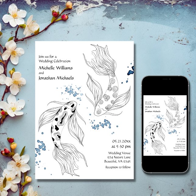 Vacker japansk koi Fish Modern Bröllop Inbjudningar (Printed and Digital - Beautiful Japanese Koi Fish Modern Wedding Invitation)