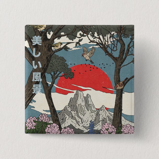 Vacker japansk landskap knapp (Framsida)