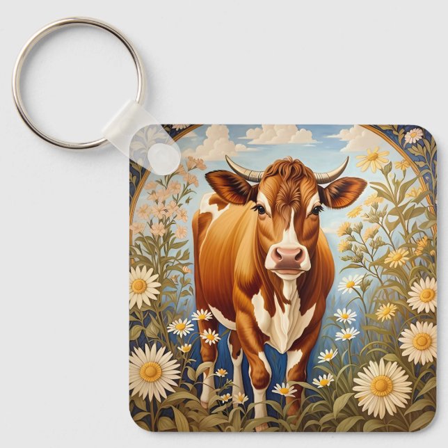 Vacker Jersey Cow i Daisy fält Vintage Nyckelring (Framsida)