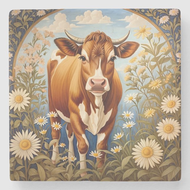 Vacker Jersey Cow i Daisy fält Vintage Stenunderlägg (Framsidan)