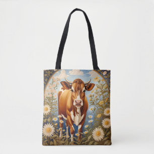 Vacker Jersey Cow i Daisy fält Vintage Tygkasse