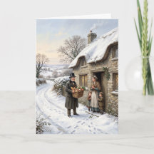 Vacker julkort med snöig by i victoriansk stil