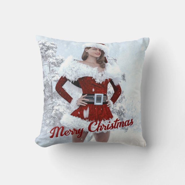 Vacker julkvinna över Vinter Snö Kudde (Framsida)