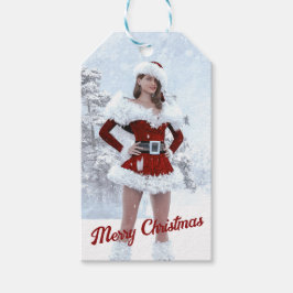 Vacker julkvinna över Vinter Snö Presentetikett