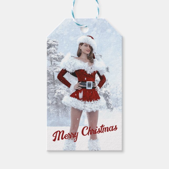Vacker julkvinna över Vinter Snö Presentetikett (Framsidan)
