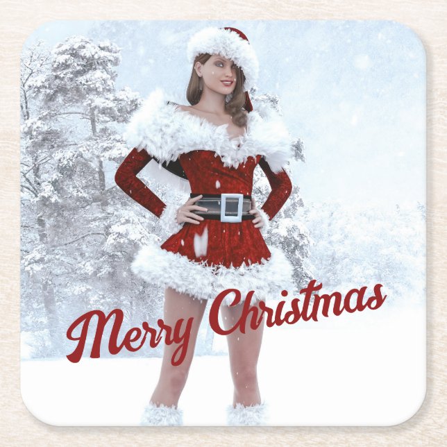 Vacker julkvinna över Vinter Snö Underlägg Papper Kvadrat (Framsidan)