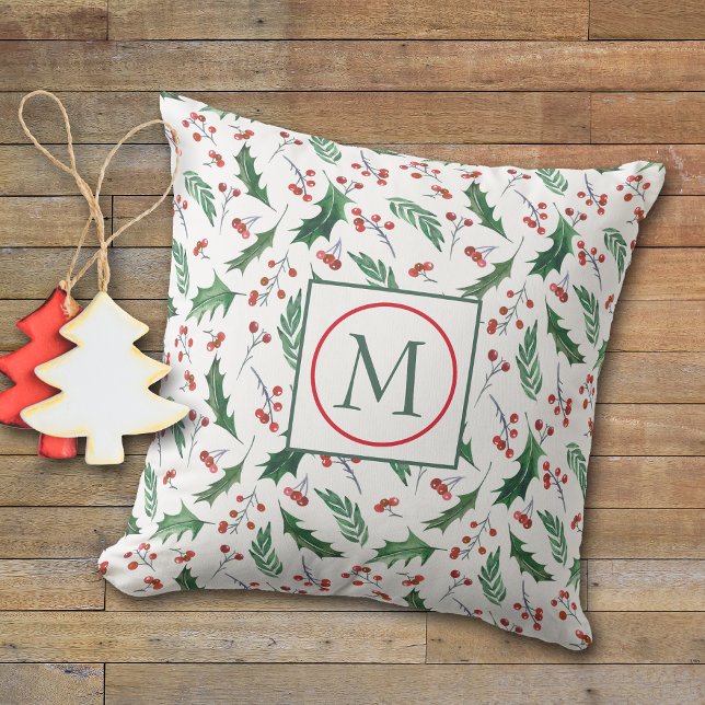 Vacker Julmonogram med Holly-mönster Kudde (Skapare uppladdad)