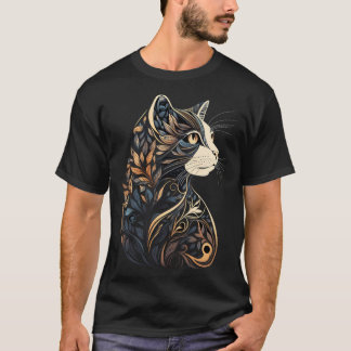 Vacker katt blomster Mönster Blå och Beige Tan Bl T Shirt